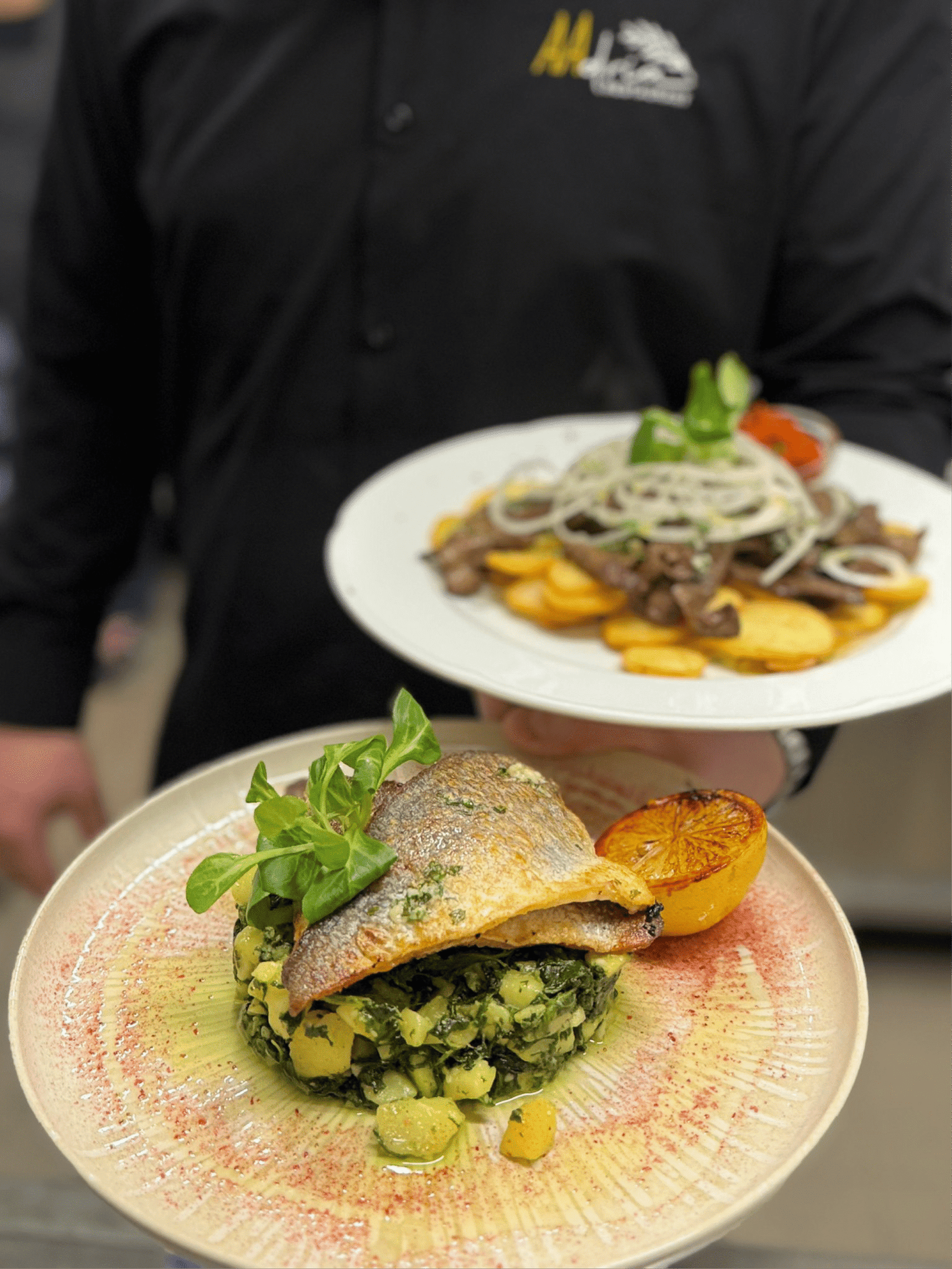 Hauptgericht auf einem Teller, präsentiert vom Kellner im Kroatisches Restaurant AAdria Aalen